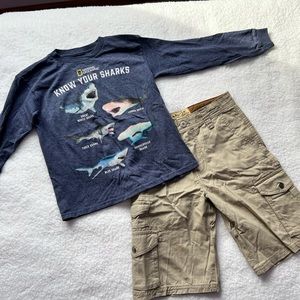 Set- long sleeve navy blue tee/khaki cargo shorts.